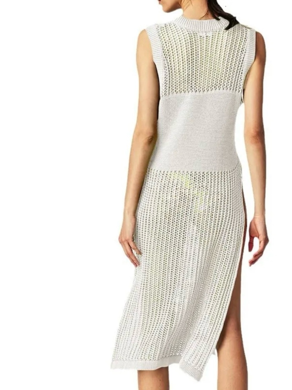 Free People White Crochet Midi Dress Cover Up Side Slit Boho Beach Size L - Picture 3 of 13